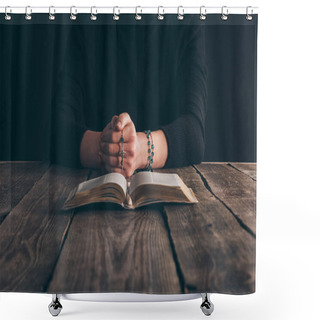 Personality  Cropped Image Of Woman Sitting At Table With Rosary And Bible And Praying   Shower Curtains