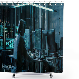 Personality  Hooded Hacker Using His Comuter With Different Information To Br Shower Curtains