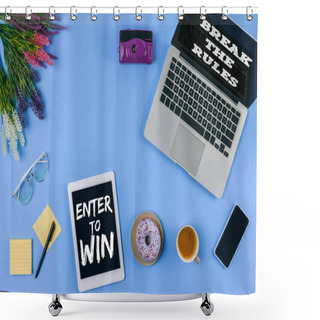 Personality  Top View Of Digital Devices With Inscriptions Enter To Win And Break The Rules, Flowers, Cup Of Coffee With Doughnut And Camera On Blue   Shower Curtains