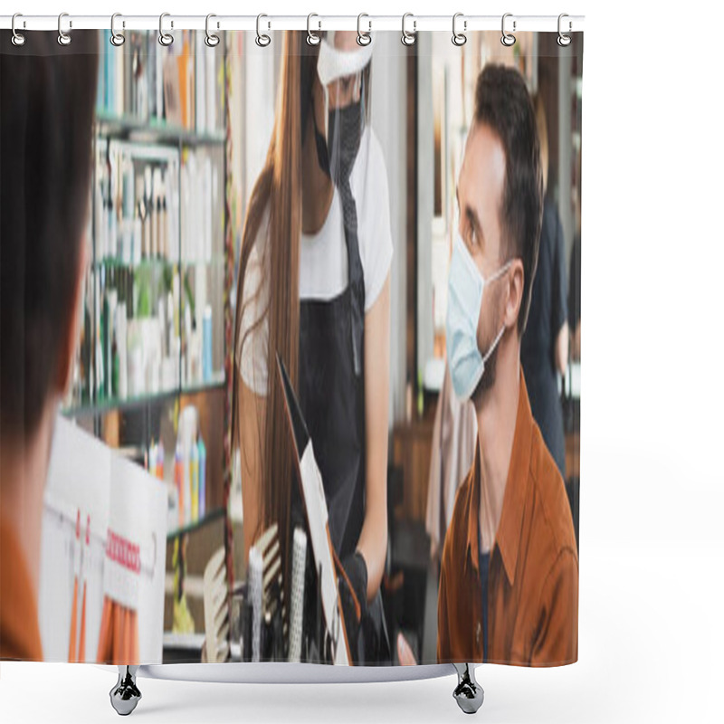 Personality  mirror reflection of barber in face shield near man wearing medical mask, banner shower curtains