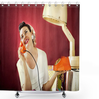 Personality  Vintage Housewife Chats On The Phone In Hair Salon Shower Curtains