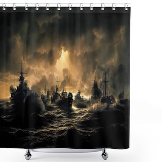 Personality  Armoured Battleships Fighting In World War 2 In Open Sea. Dramatic Art Illustration Featuring Warships In Combat. Naval Army Historical Artwork Featuring A Battle In The Ocean Digital Illustration. Shower Curtains