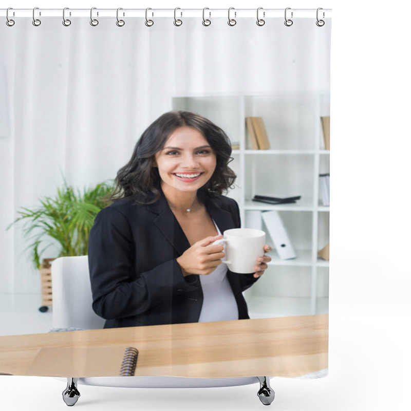 Personality  Pregnant Businesswoman With Cup Of Hot Drink Shower Curtains