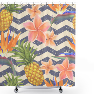 Personality  Tropical Exotic Flowers And Pineapple Seamless Background In Vector Shower Curtains