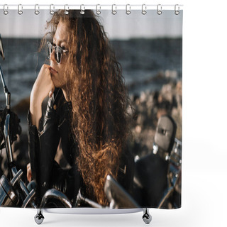 Personality  Attractive Curly Female Biker In Sunglasses Sitting On Motorbike Shower Curtains