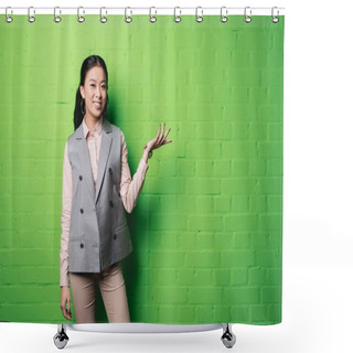Personality  Asian Businesswoman Presenting Something Shower Curtains