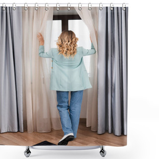 Personality  Back View Of Woman Opening Curtains In Hotel Room  Shower Curtains
