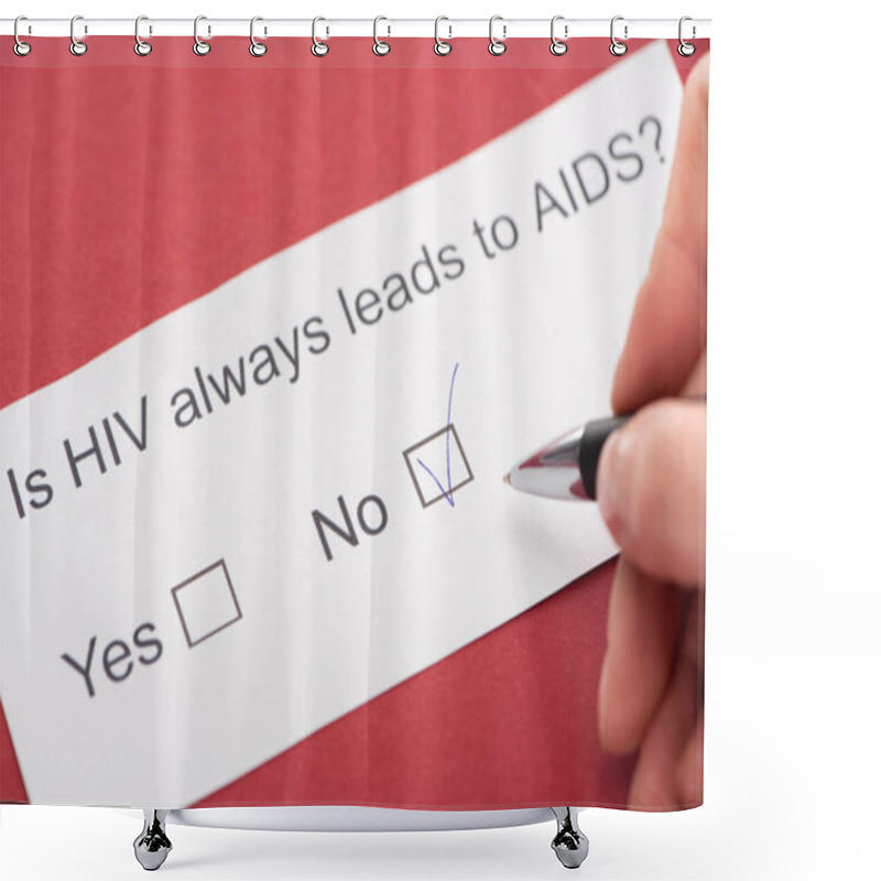 Personality  Cropped View Of Person Answering HIV Questionnaire On Red Background Shower Curtains