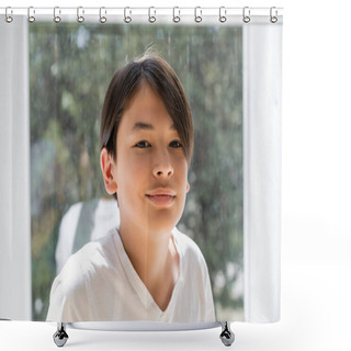 Personality  Portrait Of Preteen Asian Boy Smiling At Camera Near Window At Home  Shower Curtains