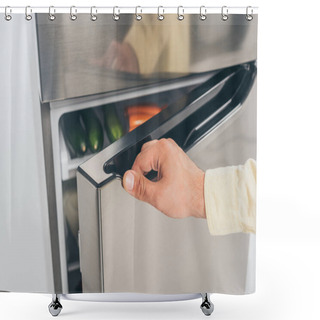 Personality  Cropped View Of Man Open Fridge Door Shower Curtains