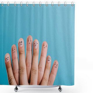 Personality  Cropped View Of Human Fingers In Bad Mood Isolated On Blue Shower Curtains