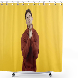 Personality  Man In Sweater Standing With Closed Eyes And Praying Hands Isolated On Yellow  Shower Curtains