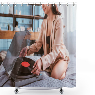 Personality  Cropped Shot Of Young Woman Turning On Vinyl Audio Player While Sitting On Bed At Home Shower Curtains