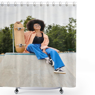 Personality  A Young African American Woman With Curly Hair Sits Atop A Skateboard Ramp. She Exudes Confidence And Determination. Shower Curtains