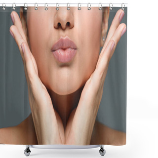 Personality  Partial View Of Woman With Hands At Cheeks And Duck Face Isolated On Grey Shower Curtains
