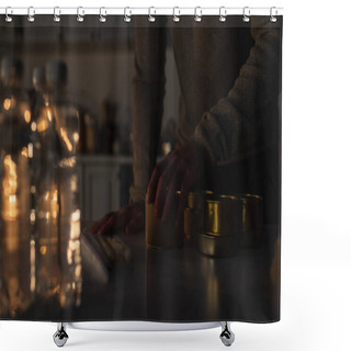 Personality  Partial View Of Man Near Stock Of Canned Food And Bottled Water On Blurred Foreground Shower Curtains
