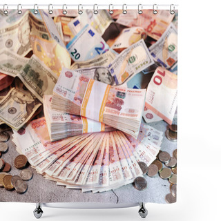Personality  Large Stack And Fan Of Banknotes, Russian Rubles And Different Coins Laying On A Grey Surface Shower Curtains