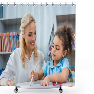 Personality  Selective Focus Of Cheerful Woman Looking At Cute African American Kid  Shower Curtains