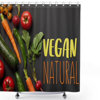 Personality  Top View Of Raw Tasty Vegetables With Green Leaves On Black Background With Vegan Natural Illustration Shower Curtains
