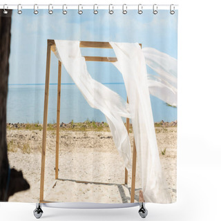 Personality  Close Up View Of Wooden Decoration With White Curtain Lace, Blue Cloudy Sky And River On Background Shower Curtains