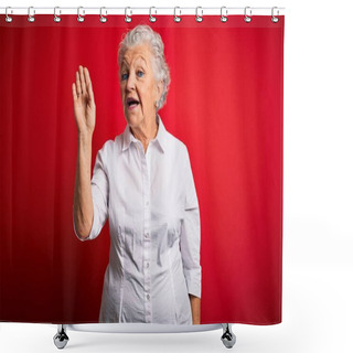 Personality  Senior Beautiful Woman Wearing Elegant Shirt Standing Over Isolated Red Background Waiving Saying Hello Happy And Smiling, Friendly Welcome Gesture Shower Curtains