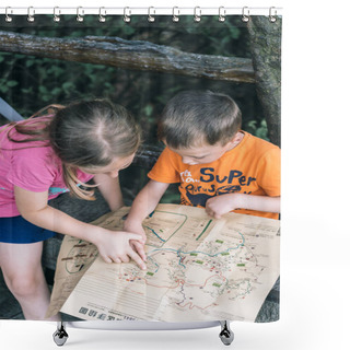 Personality  Zhangjiajie, China - August 2019 : Young Boy And Girl Looking At Map While Sitting On The Rocky Edge Viewpoint In Tianzi Mountain Range, Avatar Mountains Nature Park Shower Curtains