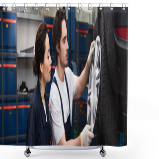 Personality  Side View Of Mechanics Looking At Wheel Dink In Car Service, Banner  Shower Curtains