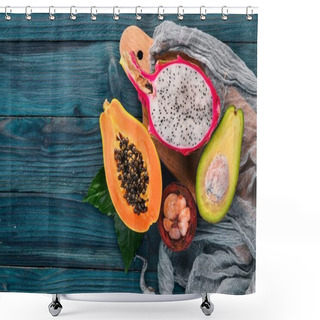 Personality  Dragon Fruit, Avocado, Papaya And Mangosteen. Tropical Fruits. On A Wooden Background. Top View. Copy Space. Shower Curtains