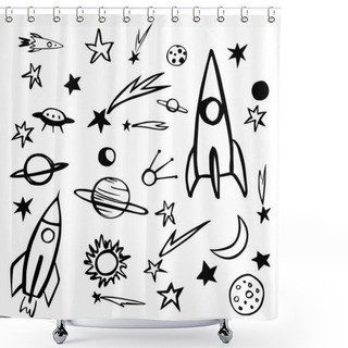 Personality  Hand Drawn Space Objects. Planets, Comets, Rockets.Vector Sketch  Illustration. Shower Curtains