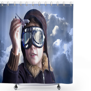 Personality  Little Boy In The Pilots Hat. Boy As An Old Style Pilot Holding Shower Curtains