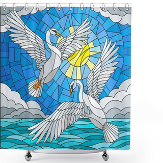 Personality  Illustration In Stained Glass Style With A Pair Of  Swans On The Background Of The Daytime Sky, Water  And Clouds Shower Curtains