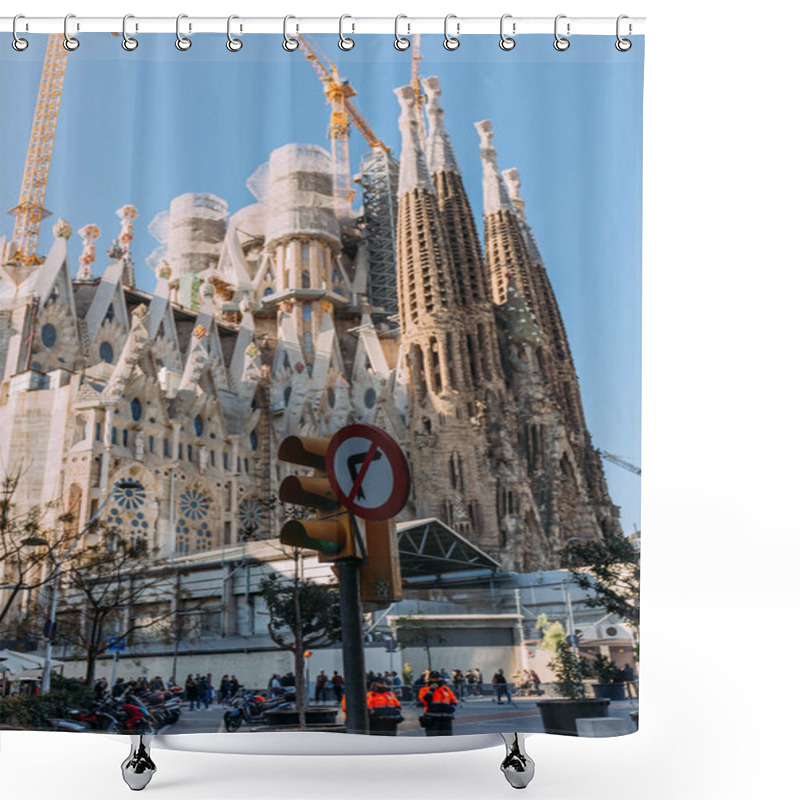 Personality  BARCELONA, SPAIN - DECEMBER 28, 2018: Selective Focus Of Temple Expiatori De La Sagrada Familia, One Of The Most Famous Buildings Of Barcelona, Built By Antoni Gaudi, On Blue Sky Background Shower Curtains