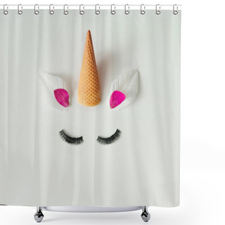 Personality  Creative Arrangement Of  Unicorn Head With Colorful Flower Petals And Ice Cream Cone Isolated On White Background. Minimal Art Fantasy Concept Of Summer  Shower Curtains