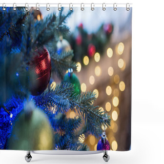 Personality  Selective Focus Of Beautiful Decorated Christmas Tree With Shiny Baubles Shower Curtains