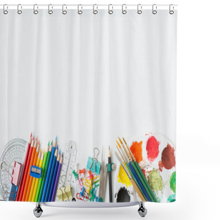 Personality  Top View Of Colorful Watercolor Palette, Paintbrush, Colored Pencils, Ruler And Drawing Equipment On White Background And Copy Space Shower Curtains