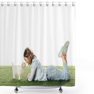 Personality  Side View Of Woman Looking At Havanese Puppy And Lying On Grass Isolated On White Shower Curtains
