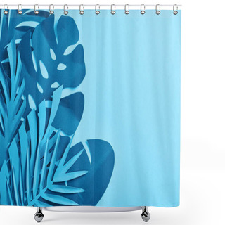 Personality  Top View Of Blue Exotic Paper Cut Palm Leaves On Blue Background With Copy Space Shower Curtains