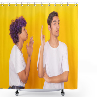 Personality  Couple Of Man And Woman Pleading Isolated On Color Background Shower Curtains