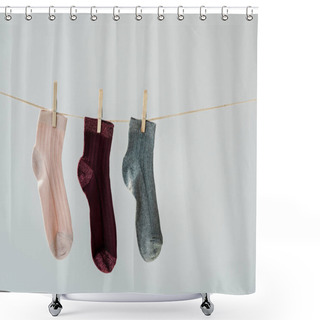Personality  Close Up Of Multicolored Shiny Socks Hanging On Clothesline Isolated On Grey Shower Curtains
