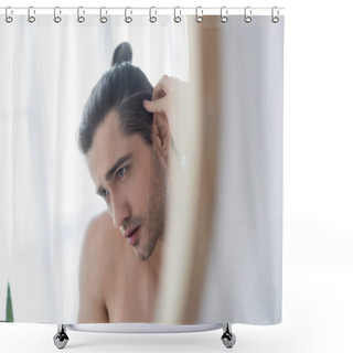 Personality  Shirtless Man With Hair Bun Looking At Mirror  Shower Curtains
