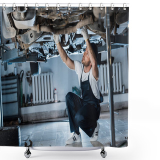Personality  Selective Focus Of Handsome Car Mechanic Repairing Automobile  Shower Curtains