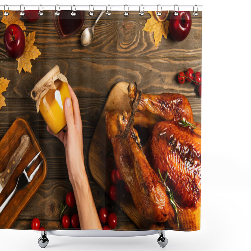 Personality  Cropped View Of Man With Jar Of Honey Near Thanksgiving Turkey On Wooden Table With Autumnal Decor Shower Curtains
