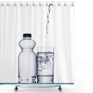 Personality  Still Life With Plastic Bottle And Water Pouring Into Glass Isolated On White Shower Curtains