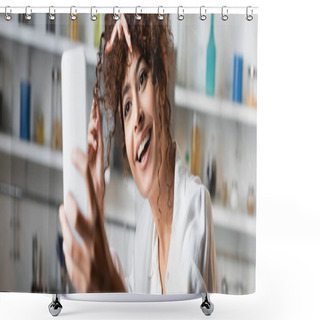 Personality  Panoramic Concept Of Excited Woman Taking Selfie On Smartphone In Kitchen  Shower Curtains