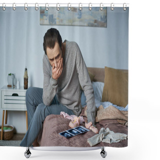 Personality  Disbelieve, Depressed Man Sitting On Bed Near Baby Clothes And Ultrasound Scan, Miscarriage Concept Shower Curtains
