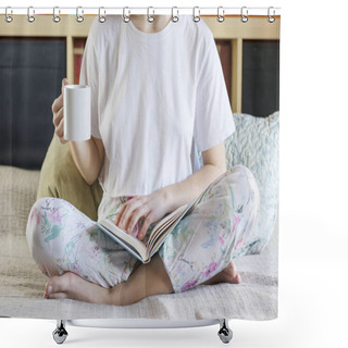 Personality  Blonde-haired Pretty Lady In Pajamas Is Drinking Her Morning Cof Shower Curtains