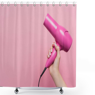 Personality  Cropped View Of Woman Holding Hair Dryer Isolated On Pink Shower Curtains