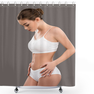 Personality  Beautiful Young Woman Posing In White Underwear, Isolated On Grey Shower Curtains