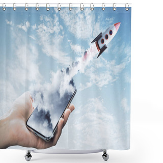 Personality  Hand Holding Smartphone With Launching Rocket On Sky Background. Startup And Web Concept Shower Curtains