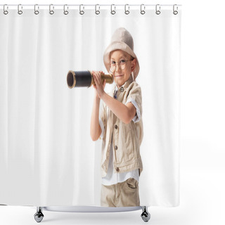 Personality  Curious Smiling Explorer Boy In Glasses And Hat Holding Spyglass Isolated On White Shower Curtains